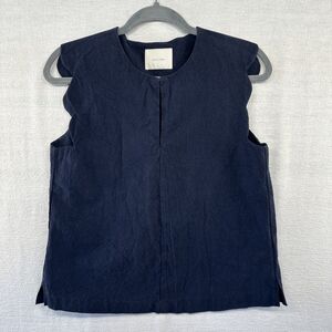 All:Row Shirt Women Sz S Cotton Linen Keyhole Neck Sleeveless Tank Top Navy Blue